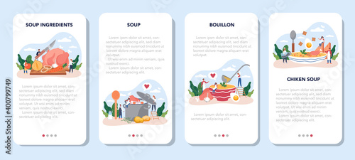 Chicken soup mobile application banner set. Tasty meal and ready dish
