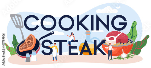 Cooking steak typographic header. People cooking tasty grilled meat on the plate