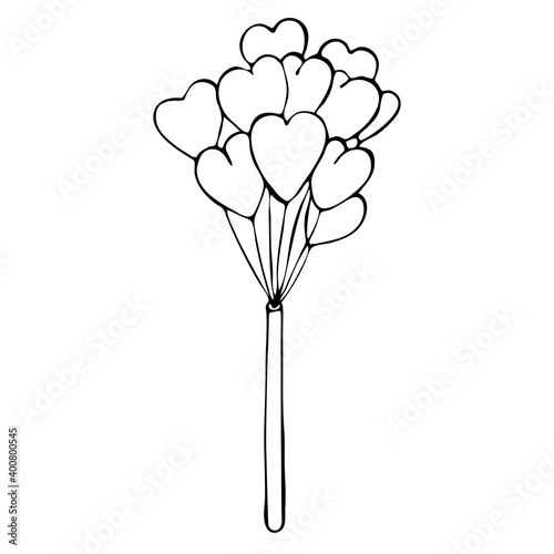 Heart in a bunch of balloons. Vector black and white illustration