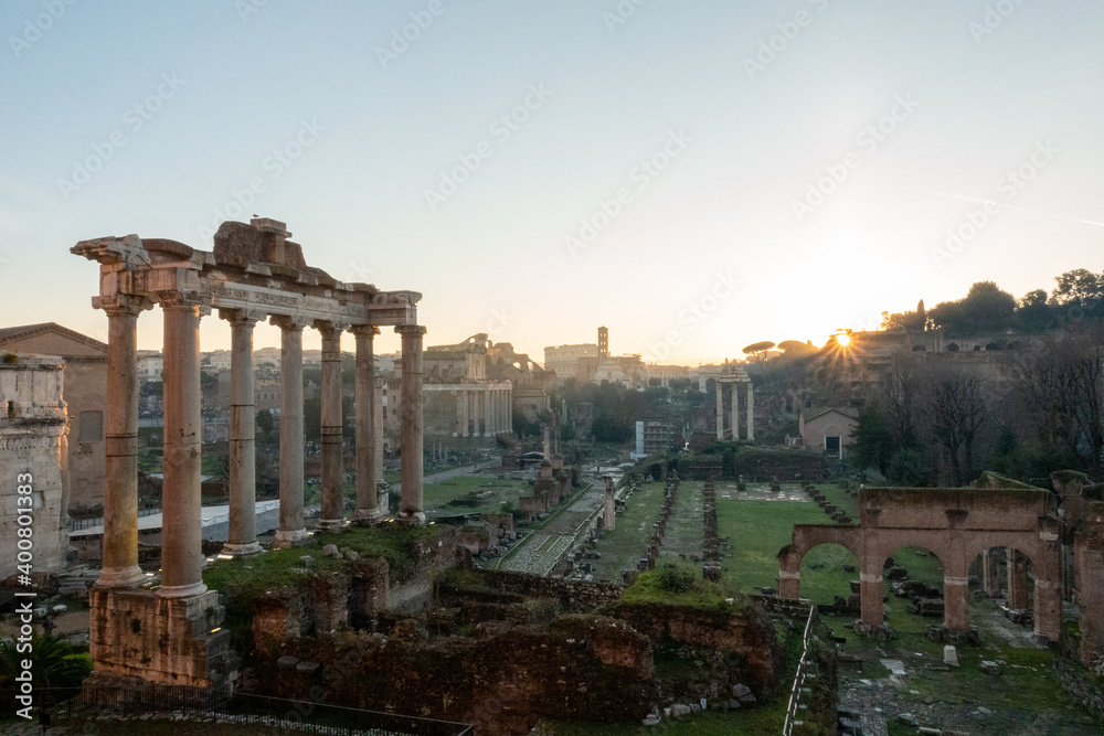 Forum Romanum ancient ruins in Rome Italy at sunrise without tourists