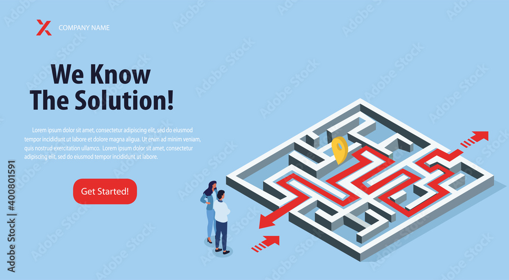 Man and woman standing in front of labyrinth, trying to find way out. Overcoming business challenges, problem solving concept. Isometric vector illustration. Website, webpage, landing page template