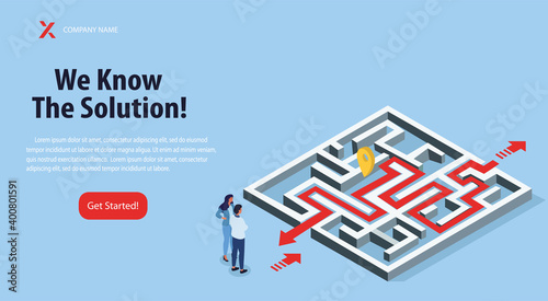 Man and woman standing in front of labyrinth, trying to find way out. Overcoming business challenges, problem solving concept. Isometric vector illustration. Website, webpage, landing page template
