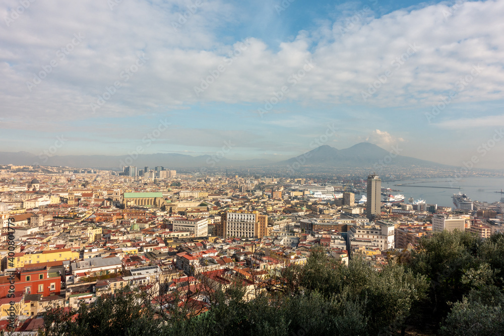 City of Naples Italy view of the center with Vesuvio volcano in the background