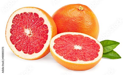 sliced grapefruit with green leaves isolated on white background. full depth of field. clipping path