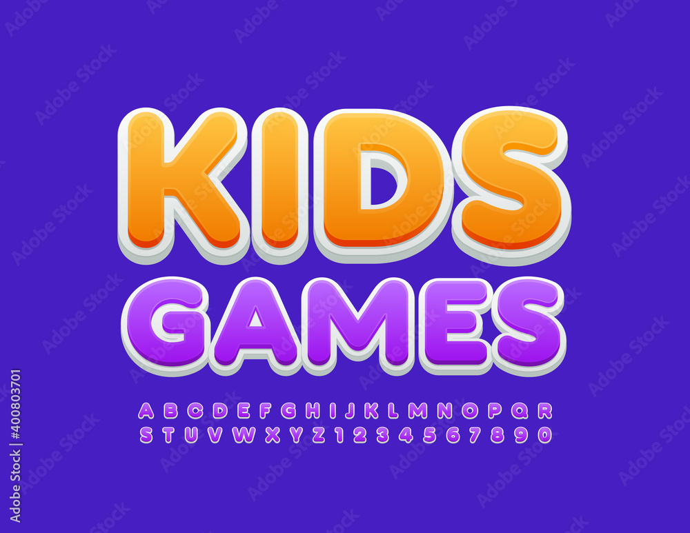 Vector playful logo Kids Games. Bright modern Font. Violet Alphabet Letters and Numbers set Vector playful logo Kids Games. Bright modern Font. Violet Alphabet Letters and Numbers set