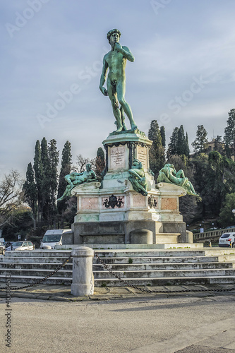 Bronze replica of statue David in the center of Michelangelo Square (Piazzale Michelangelo, 1869) in Florence (Firenze). Italy.