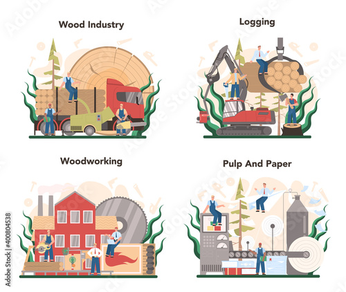 Wood industry and paper production concept set. Logging and woodworking