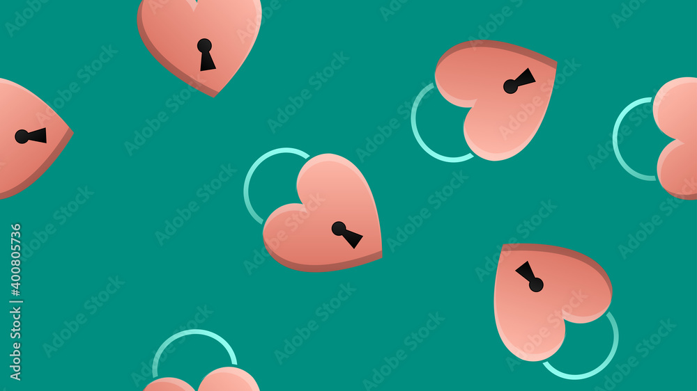 Endless seamless pattern of beautiful festive love joyful tender hearts with keyhole on a green background. illustration Endless seamless pattern of beautiful festive love joyful tender hearts with keyhole on a green background. illustration