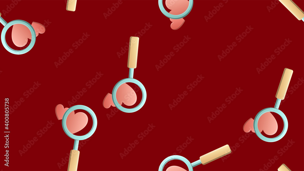 Endless seamless pattern of beautiful festive love joyful tender hearts with magnifying glasses for searching on a red background. illustration Endless seamless pattern of beautiful festive love joyful tender hearts with magnifying glasses for searching on a red background. illustration