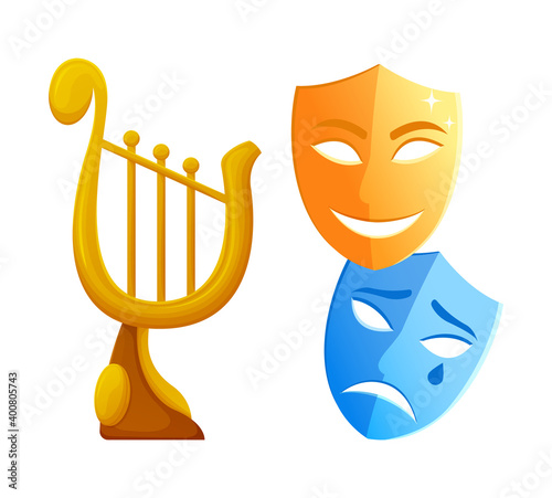 Harp award vector, theater competition and victory of actors, masks with sad and smiling face, disguises comedy and drama contest challenge isolated