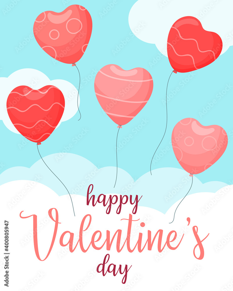 Happy Valentine's day. Pink and red heart-shaped balloons against the sky and clouds and the inscription.