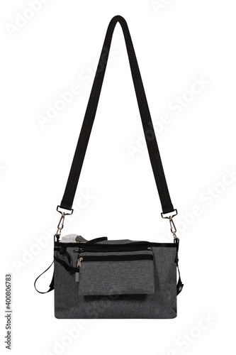 Grey bag with a harness isolated on a white background