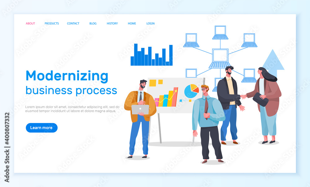 Modernizing business process landing page template, webpage with people working on global network. Computers are interconnected like a web, optimization of service. Modern business transformation Modernizing business process landing page template, webpage with people working on global network. Computers are interconnected like a web, optimization of service. Modern business transformation