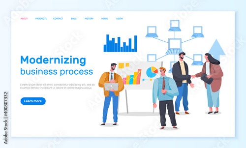 Modernizing business process landing page template, webpage with people working on global network. Computers are interconnected like a web, optimization of service. Modern business transformation © robu_s