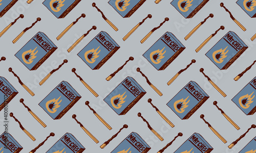Hand drawn doodle seamless pattern with matches. Burnt wooden stick. Simple vector illustration.