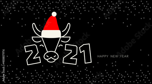 2021 New year. Ox horoscope sign. Santa Claus Hat. 2021 New year. 2021 design. New year symbol. Calendar logo design. Chinese horoscope metal ox with Santa Claus hat with 2021. Flat minimalistic