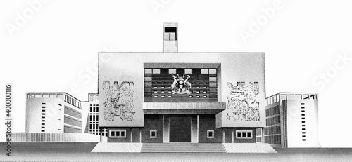 Parliament Building in Kampala. Portrait from Uganda 20000 Shillings 2005 Banknotes. photo