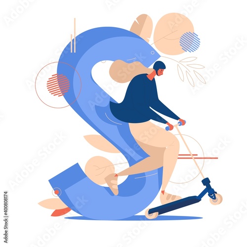 Large letter S and woman riding scooter isolated on white. Vector illustration about city lifestyle