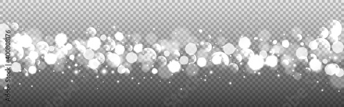 Silver bokeh banner. Christmas glitter effect on transparent backdrop. Luxury white blurred lights and particles. Wide festive texture with isolated glowing stardust. Vector illustration