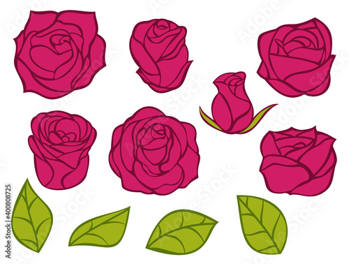 Set of red roses buds and green leaves in minimalistic hand drawn style. Collection color flower elements isolated on white background. Vector illustration.