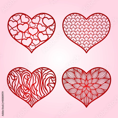 Heart. Valentine's Day. Vector set. Paper cut templates with carved patterns. Card, wedding invitations. Decorative holiday love symbol. Stencils for laser, plotter cutting, printing on t shirts.