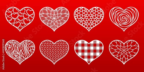 Hearts paper cut templates with carved pattern. Valentine's Day card, wedding invitations. Vector set stencils. Decorative holidays symbol. For laser, plotter cutting, printing on t shirts.