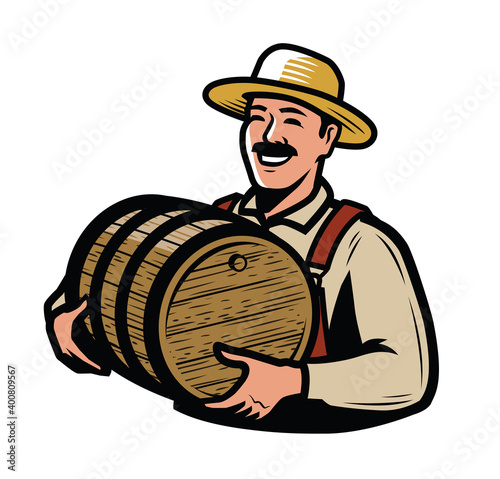 Farmer with wooden keg. Farming vector illustration