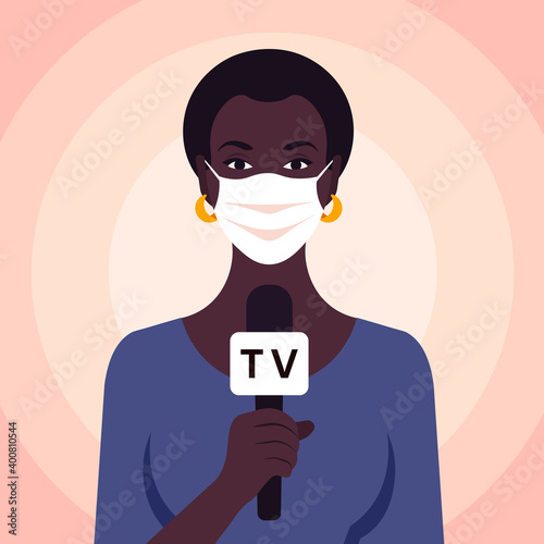 African woman talking in microphone. Newswoman in the medical face mask. TV reportage. Vector flat illustration.