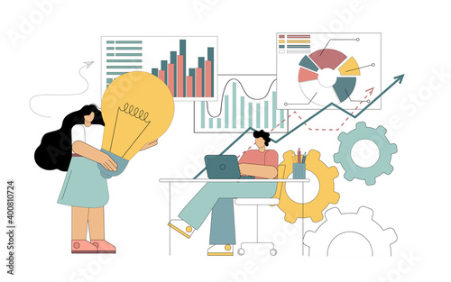 Concept for analysis of business ideas, business services, teamwork. Template for a website. Vector illustration isolated on white background.