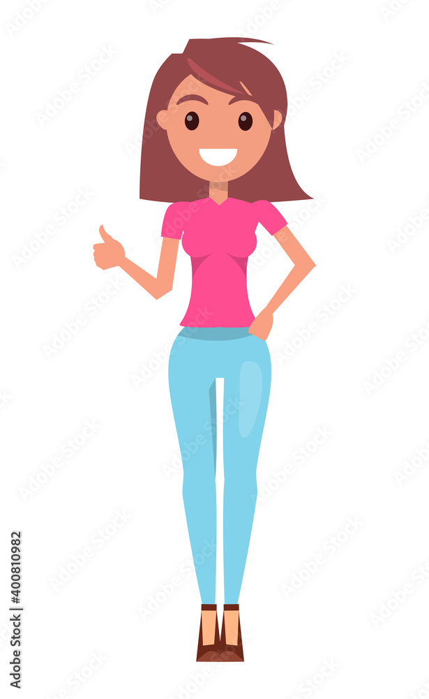 Young smiling girl showing a gesture of approval. Cool or Ok sign with thumbs up. Girl emotions good mood. Female character wearing pink blouse and jeans standing straight at full height arm raised up Young smiling girl showing a gesture of approval. Cool or Ok sign with thumbs up. Girl emotions good mood. Female character wearing pink blouse and jeans standing straight at full height arm raised up
