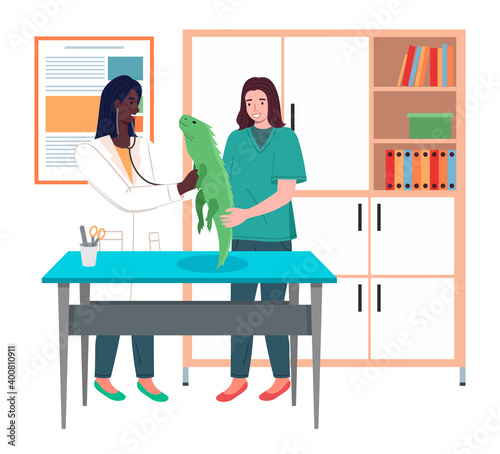 Vet with a stethoscope listening to the heartbeat of iguana. Pets health care in vet clinic. Domestic animals treatment concept. Veterinary professional consultation. The assistant raises the lizard