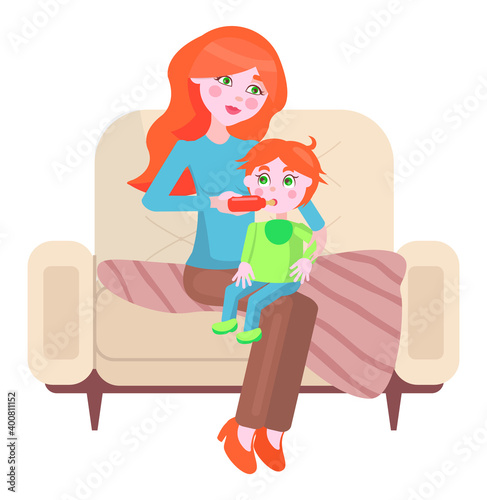 Mother feeding her baby with bottle. Mom gives the son to drink flat vector illustration. A woman sitting on a armchair with the baby in her arms. Girl holds a bottle of milk for a small child