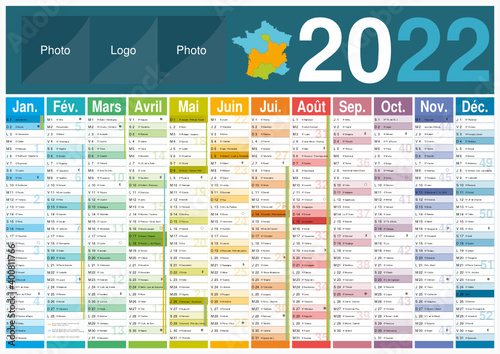 Calendrier 2022 12 mois avec vacances scolaires officielles au format A3 entièrement modifiable via calques et texte arial