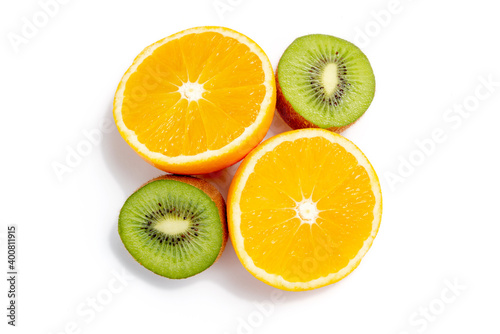 Kiwi and orange fruit isolated on white background 