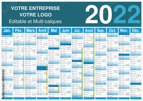 Calendrier 2022 12 mois avec vacances scolaires officielles au format A3 entièrement modifiable via calques et texte arial