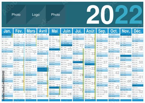 Calendrier 2022 12 mois avec vacances scolaires officielles au format A3 entièrement modifiable via calques et texte arial