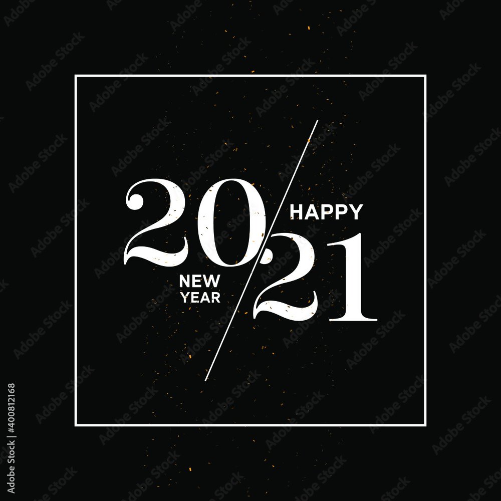 Fototapeta Happy New Year 2021 winter holiday greeting card design template. Party poster, banner or invitation gold glittering stars confetti glitter decoration. Vector black and white background