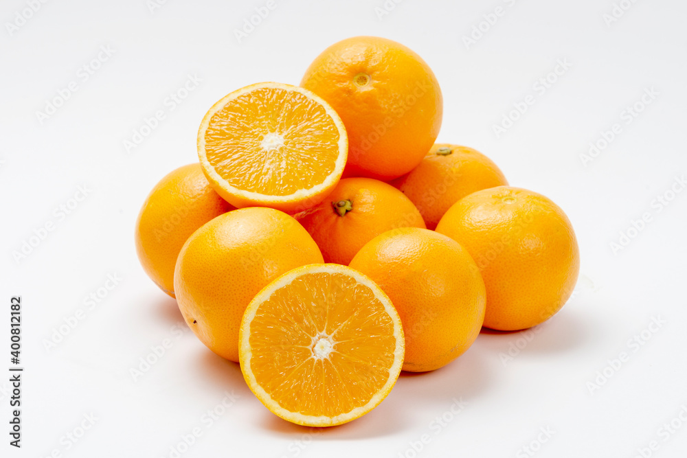 Orange fruit isolated over white background. Whole and sliced orange.
Orange fruit isolated over white background. Whole and sliced orange.