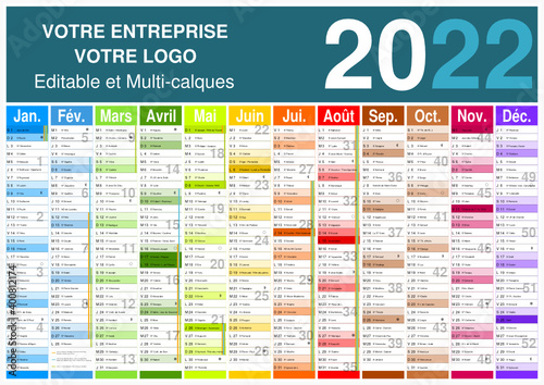 Calendrier 2022 12 mois avec vacances scolaires officielles au format A3 entièrement modifiable via calques et texte arial