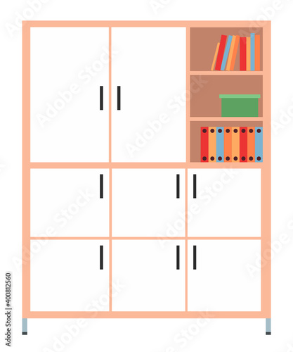 Large cabinet with folders with medical documents and containers isolated on white background. Furniture for medical office. Commode for storage of necessary items. Arrangement of interior elements