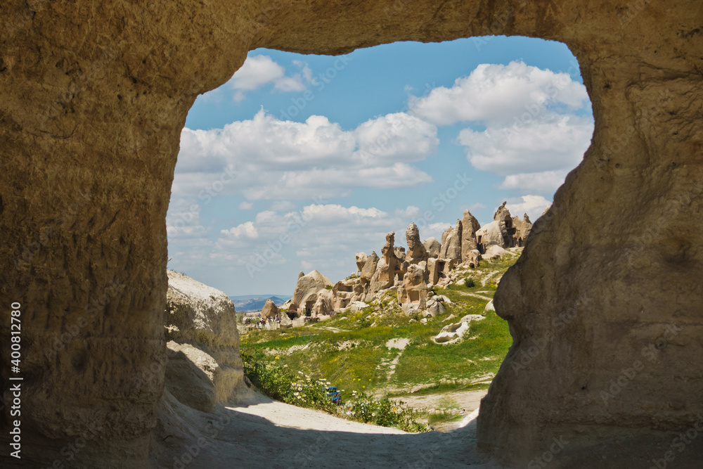 Detail of magnificent stone structures and caves near Goreme at Cappadocia, Anatolia, Turkey
