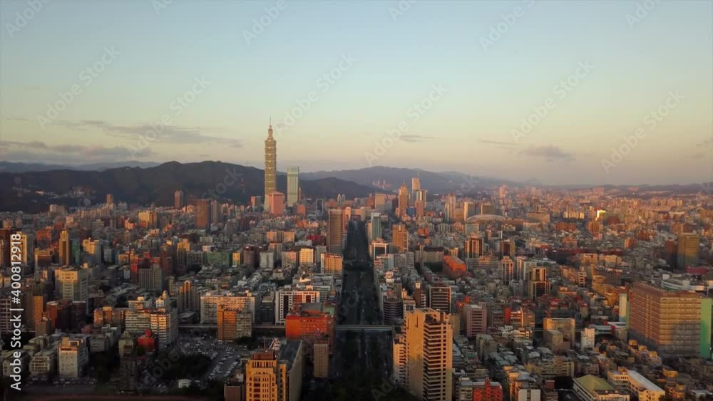 taiwan sunset time taipei city center traffic road aerial panorama 4k taiwan sunset time taipei city center traffic road aerial panorama 4k