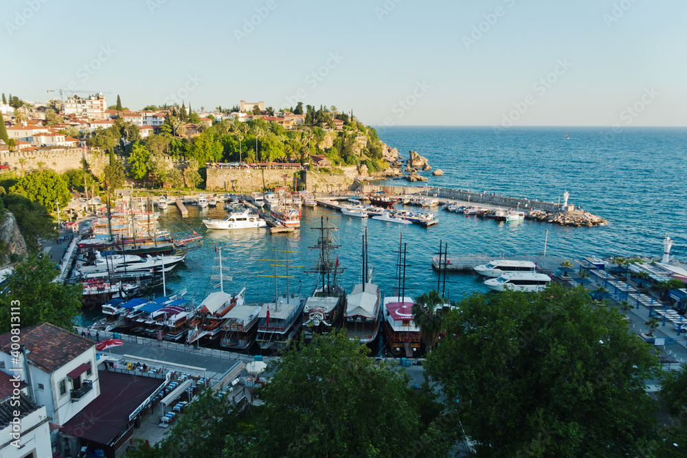 Panorama of the historic city center and old harbor in Antalya, Turkey