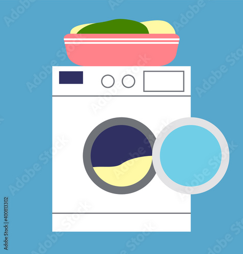 Washing machine and basin with linen. Modern automatic washing machine, assistant at home flat vector illustration. Home appliance, household laundry room equipment for care of linen and clothes