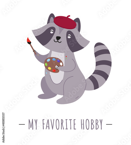 Raccoon artist character isolated.