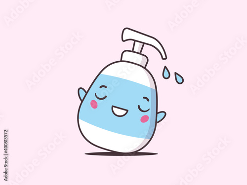 Hand sanitizer happy cute kawaii cartoon character vector illustration