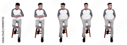 Set collection of handsome man wearing grey and white raglan t-shirt isolated on white background