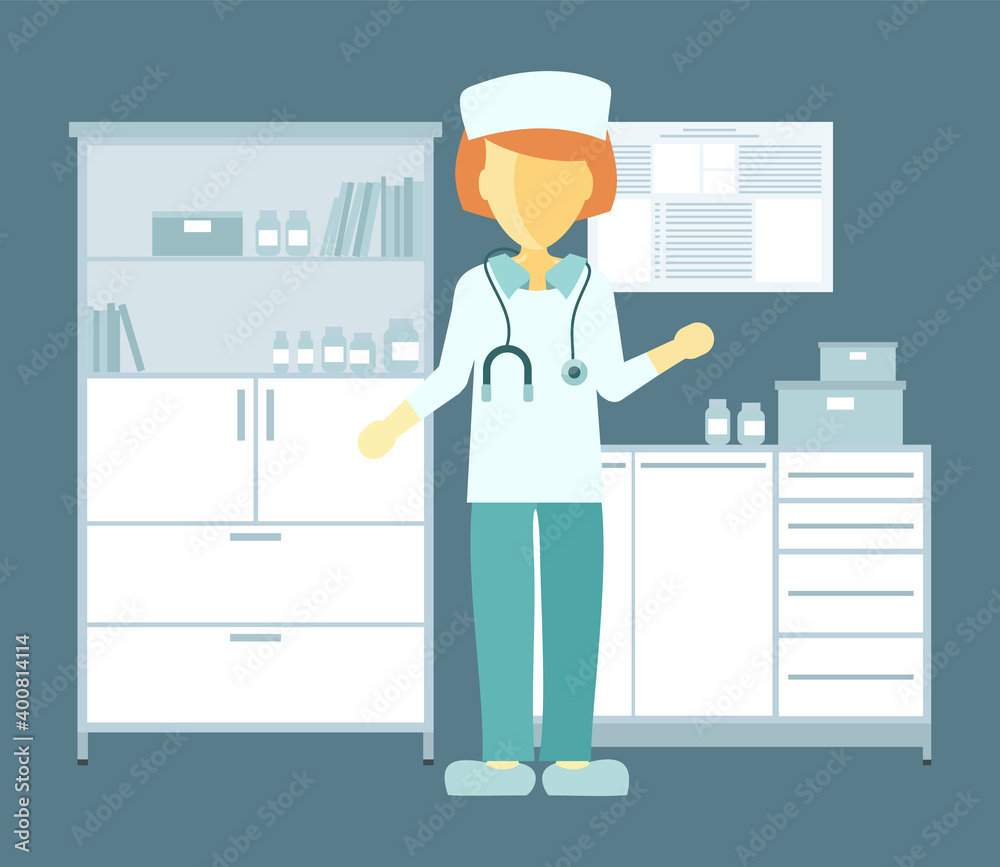 Woman is standing with a stethoscope around her neck. Doctor or nurse is working in hospital room. Hospital worker spends time in the medical office. Therapist examines patients with special equipment Woman is standing with a stethoscope around her neck. Doctor or nurse is working in hospital room. Hospital worker spends time in the medical office. Therapist examines patients with special equipment