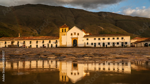 Plaza of Villa de Leyva Colombia at sunset with a mirror reflex
