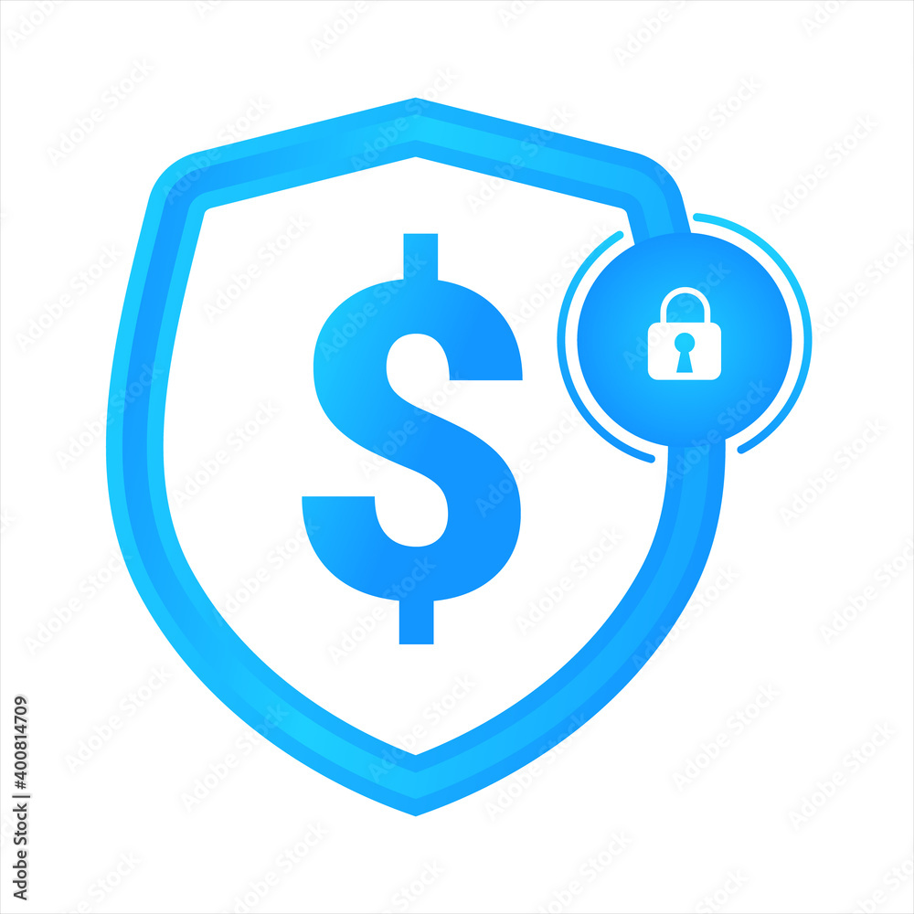 Blue sign of the dollar lock shield. Concept of security. Isolated on white background